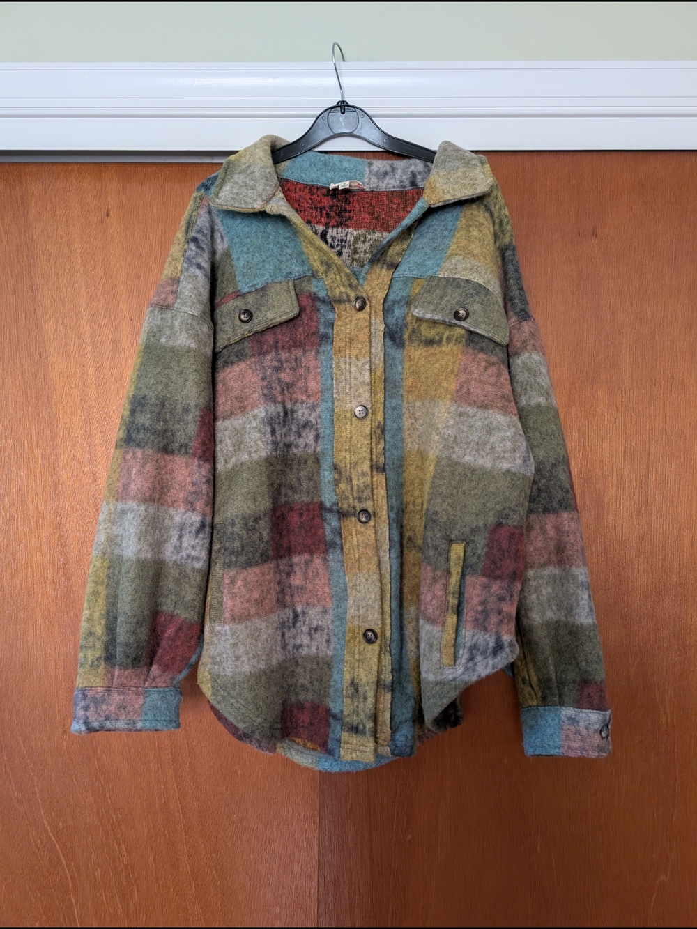 BiBi Plaid Button-Down Shacket Oversized Brushed